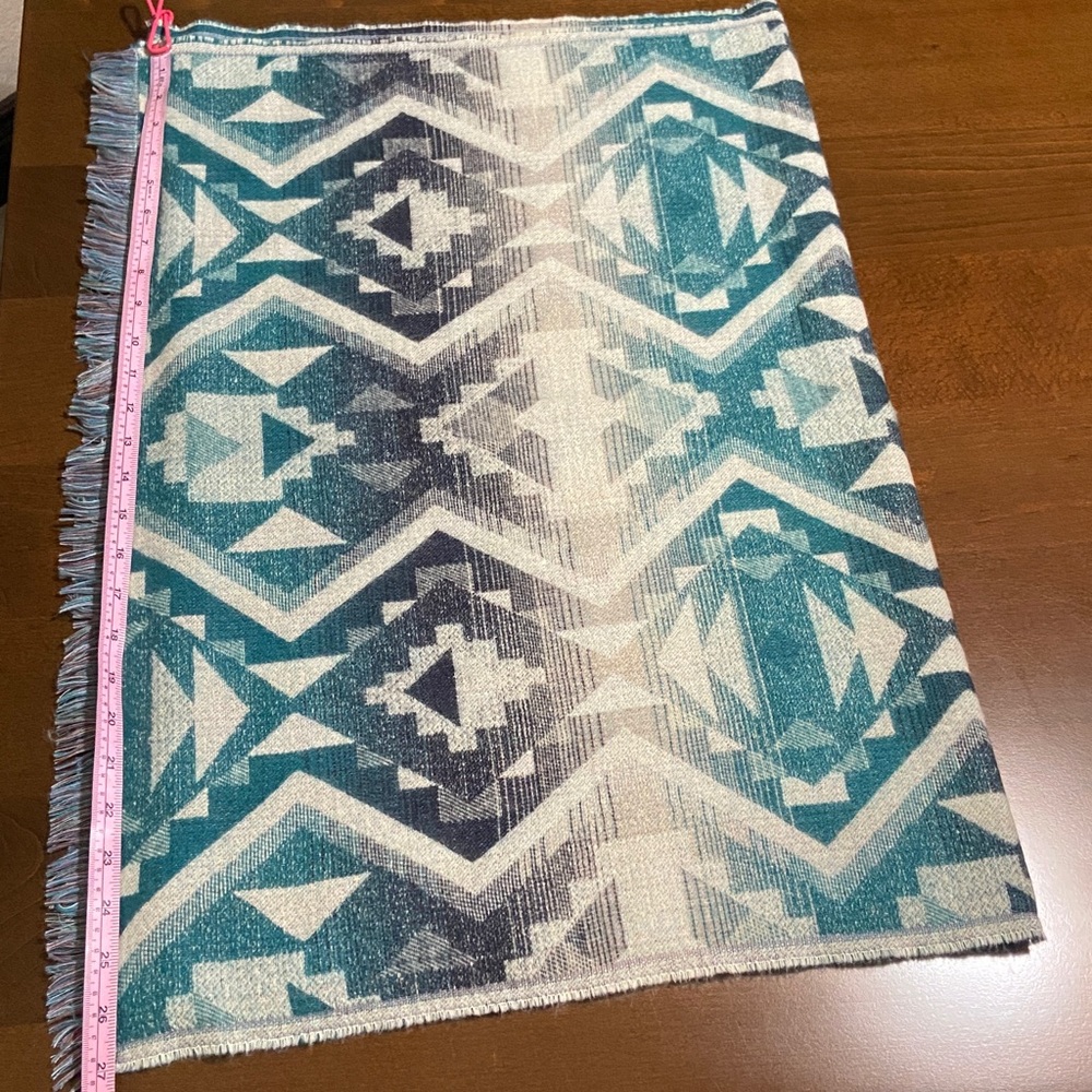 Geometric Patterned Shawl in teal, dark blue, and gray. - Picture 6 of 7